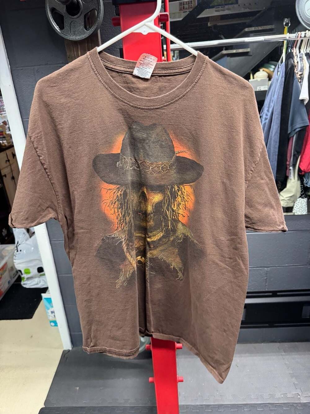 Happy Halloween Scarecrow Skull Graphic T-Shirt Brown Cowboy Hat XL